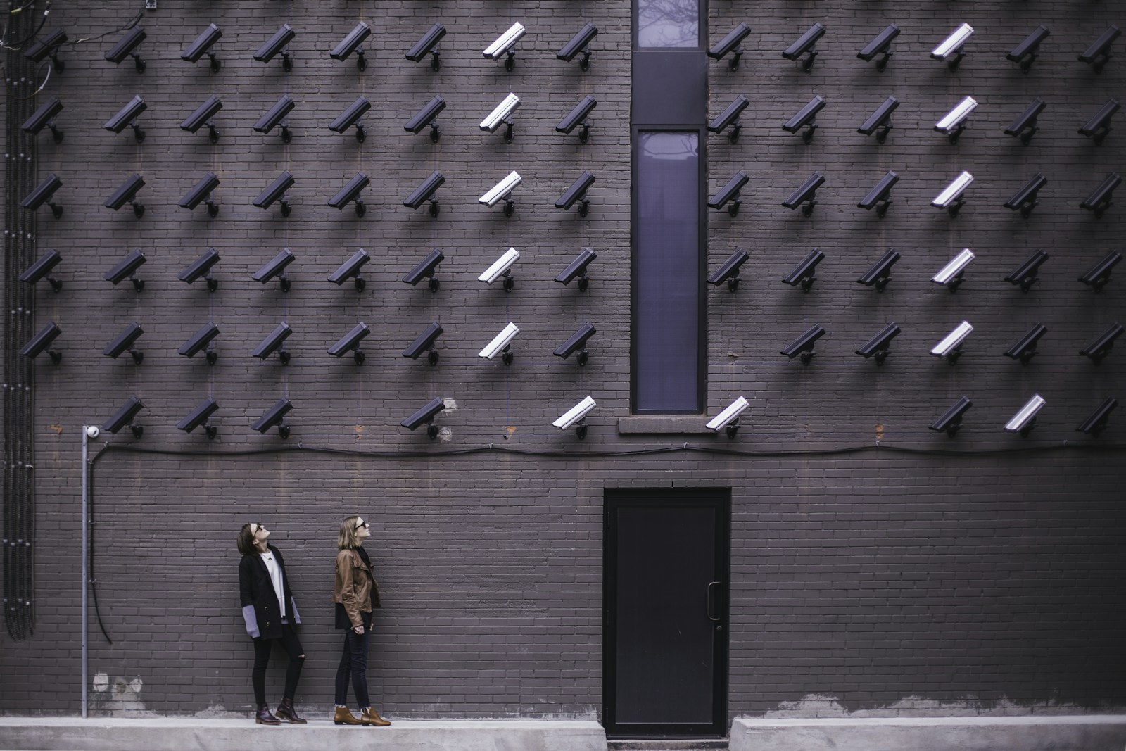 Commercial security camera monitoring a building